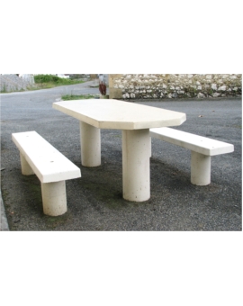 TABLE PIQUE NIQUE BETON OVALINE BLANC NATUREL + 1 BANQUETTE